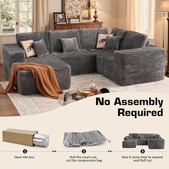 Weaxty Boneless Sectional Couch, U Shaped Modular Cloud Couches with Chaise, Plush Corduroy Memory Foam Deep Seat Floor Sofa, No Assembly Required，Gray