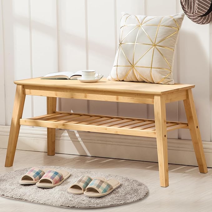 Nnewvante Bamboo Dining Bench, 33.46" Indoor Storage Bench, Small Wood Benches for Entryway, Living Room, Bedroom, Hallway, Outdoor Wooden Bench, Holds up to 300lbs
