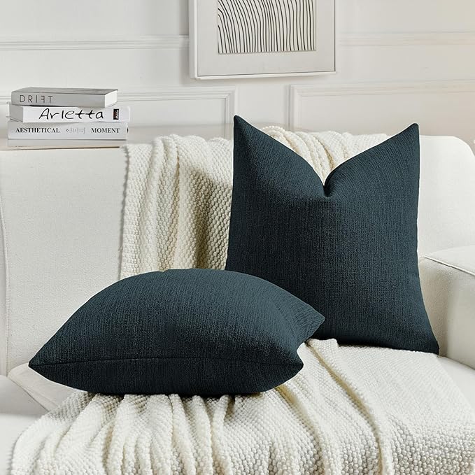 FUTEI Navy Blue Chenille Decorative Throw Pillow Covers 16x16 Inch Set of 2,Soft Cozy Faux Linen Textured Cushion Case,Farmhouse Home Decor for Couch Living Room