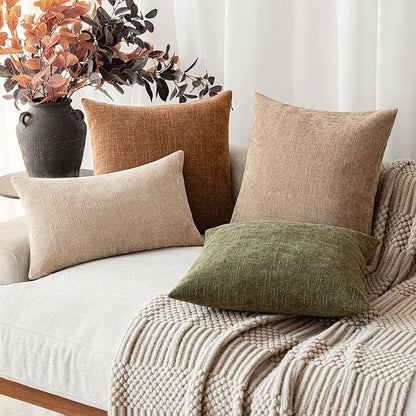 Foindtower Set of 2 Textured Chenille Throw Decorative Pillow Covers Square Accent Solid Cushion Cover Neutral Farmhouse Lumbar Pillow Case for Couch Sofa Bedroom Living Room 12x20 Inch,Cream Camel