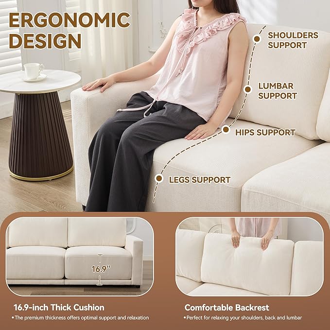 77.4" Chenille Modular Loveseat Oversized Upholstered 2 Seater Sectional Sofa with Thickened Cushions, Easy Assembly, Modern Comfy Love Seat Couch for Living Room, White