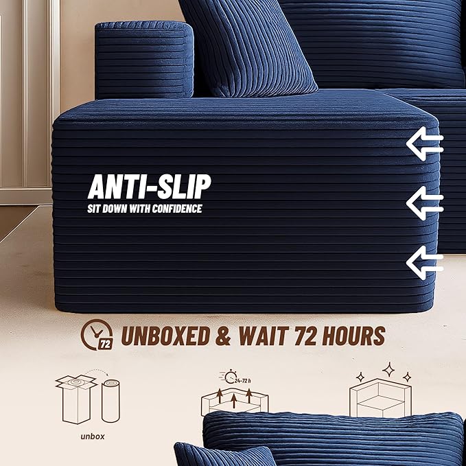107" Boneless Couch with Deep Seat, Modular Sectional Sofa, Cloud Sectional Couch for Living Room, No Assembly Required, Corduroy, L-Shape Right，Blue