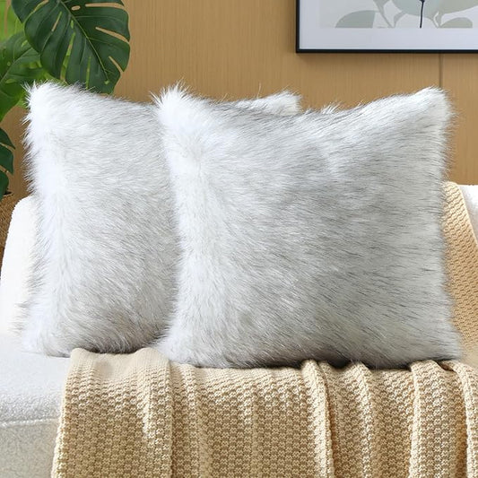 FUTEI Black White Decorative Throw Pillow Covers 20x20 Inch Set of 2,Soft Fluffy Faux Fox Fur Textured Cushion Case,Modern Home Decor for Couch Living Room
