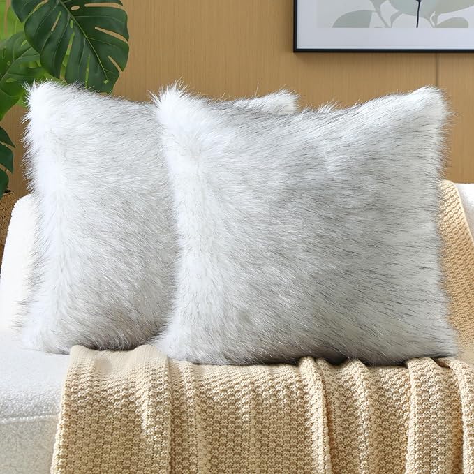 FUTEI Black White Decorative Throw Pillow Covers 22x22 Inch Set of 2,Soft Fluffy Faux Fox Fur Textured Cushion Case,Modern Home Decor for Couch Living Room