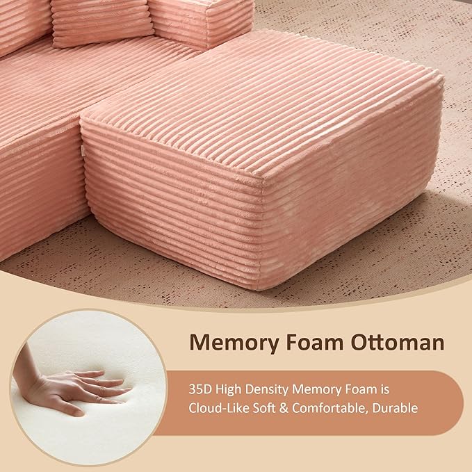 37.1" Ottoman for Couch, Plush Corduroy Memory Foam Ottoman Cloud Boneless Sectional Couch for Living Room Foot Stools No Assembly Require, Plush Corduroy,Pink