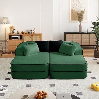 Cloud Sectional Sofa Modern Boneless Couch for Living Room, Comfy Deep Seat Comfy Teddy Fabric Double Sofa Chaise No Assembly Required (Green, 77.2" Double Chaise Lounge)
