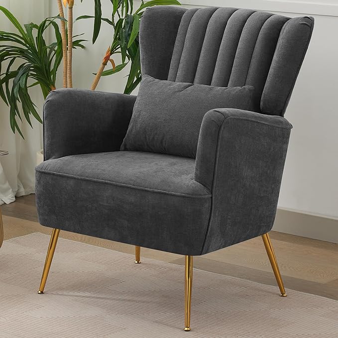 Living Room Chairs Chenille Accent Armchair with Lumbar Pillow&Gold Leg, 8.5" Thick Cushion, Mid Century Modern High Wingback Bedroom Chairs Upholstered Comfy Sofa Arm Chair, Grey