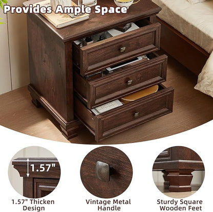 Farmhouse Nightstand with 3 Drawers, Rustic Couch End Table with 4 Square Solid Wood Legs, Mid-Century Modern Bed Side Table with Storage, Small Dresser for Bedroom, Living Room, Walnut