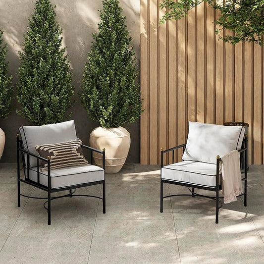 mopio Odelia Patio Chairs Set of 2, Outdoor Chair with Removable Cushions and Rust Free Metal Frame, Conversation Sets for Front Porch, Balcony, Apartments, Yard, Bistro (Lounge Chair x2, Offwhite)