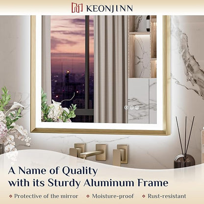 Keonjinn Gold LED Bathroom Mirror 20 x 28 Inch with Frontlit & Backlit, Lighted Mirrors Metal Framed for Wall, Stepless 3 Colors Lights, Anti Fog, Tempered Glass, Brighter and No Dark Corner