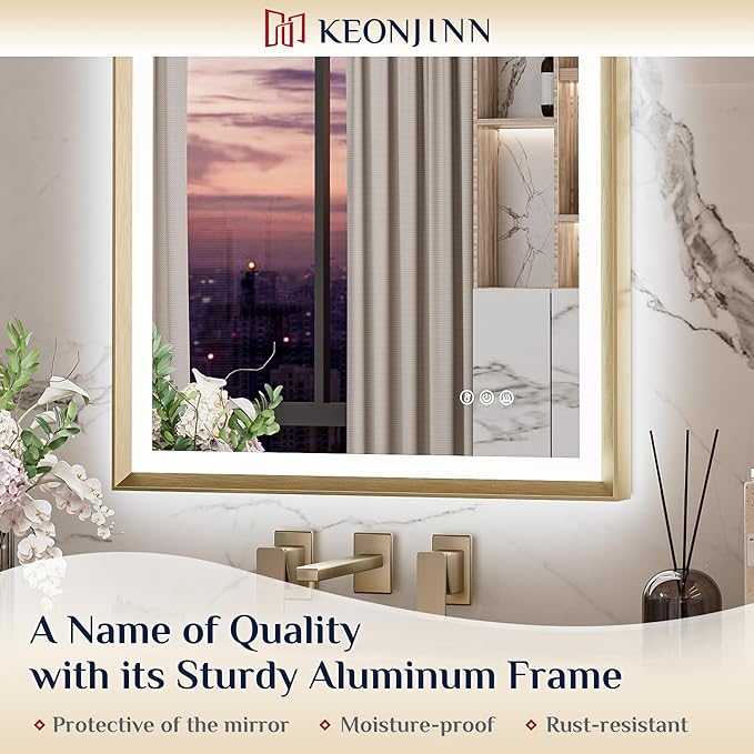 Keonjinn 24” x 32” LED Bathroom Mirror with Frontlit & Backlit, Gold Metal Framed Beveled Edge Mirror for Wall, LED Mirror with Anti Fog, Stepless 3-Color Temperatures, UL-Listed LED Driver