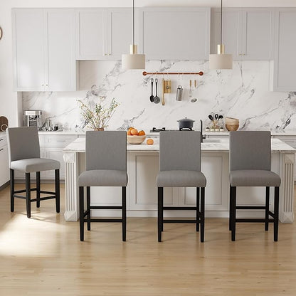 LSSPAID Counter Height Bar Stools Set of 4, 24.8 Inch Upholstered Fabric Barstools, Modern Kitchen Island Chairs with Backrest and Solid Wood Legs, Grey