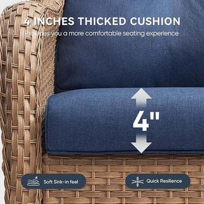 7-Piece Outdoor Patio Cushion Set - Fade & Water Resistant with Removable Olefin Cover, 22x24x4 Inch Memory Foam Cushions for Wicker Sectional Sof - Blue/Crescent