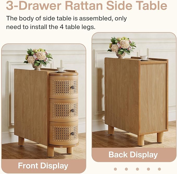 Tribesigns Solid Wood End Table, 3-Drawer Rattan Side Table, Night Stand with 3 Rattan Drawers and Exquisite Embossed Handles for Living Room, No Assembly Required (2, Oak)