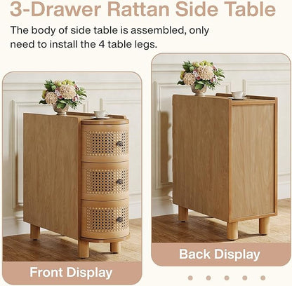 Tribesigns 3-Drawer Rattan End Table, Sofa Side Table with Vintage Embossed Handles, Slim Nightstand for Living Room, Bedroom, FiniMDF, No Assembly (1, Oak)