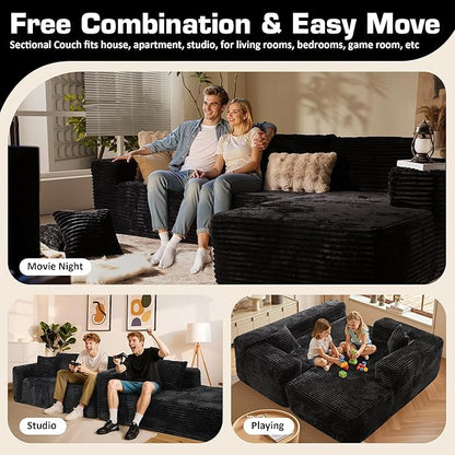 106" Cloud Sectional Couch with Chaise Lounge,L Shaped Modular Modern Sofa,Comfy Corduroy Fluffy Couches with Deep Seat,No Assembly Required Couch for Living Room(Right,Plush Corduroy,Black)