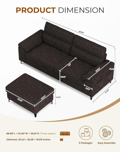 88.97" L Shaped Sectional Couches for Living Room, Deep Seat Sofa with Storage Ottoman & 8”Cushion, Comfy 2-Seater Chenille Loveseat, Convertible Armrest, Removable Cover for Small Space(Dark Gray)