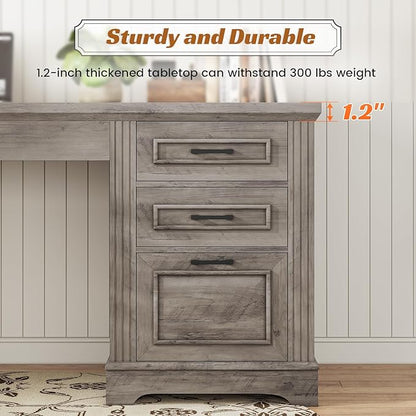 SEDETA Executive Office Desk with 3 Drawers, Farmhouse 55" Computer Desk with Storage File Drawers & Power Outlet for Home Office, Grey