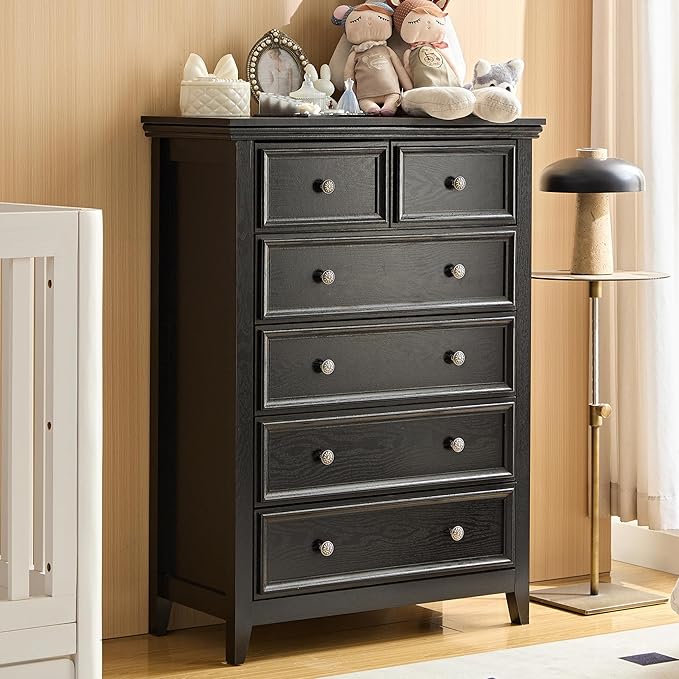 BLANKSPACE Black Dresser, 6 Chest Drawer Dresser for Bedroom, Large Capacity Nightstand, Modern Wood Cabinet for Bedroom, Living Room, Closets