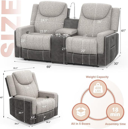 Manual Loveseat Recliner Sofa Set, 2 Seater Reclining Loveseat with Storage Console and Single Oversize Recliner Chair, 2+1 Pieces Luxury Living Room Furniture Set, Couches for RV (Grey)