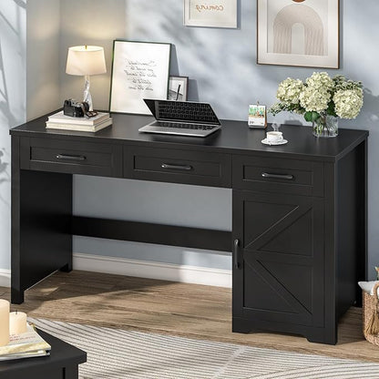 Farmhouse 59" Executive Desk,Computer Desk with 3 Drawers and Storage Cabinet,Workspace for Home Office and Study. Pure Black