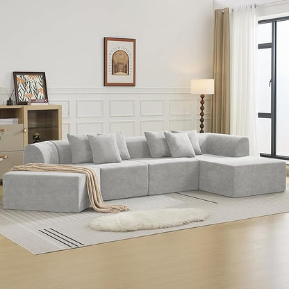 140''Oversized Cloud Velvet Curved Sectional Couch, Boneless Couch with L-Shape Chaise, Upholstered Compression Memory Foam Modular Sectional Sofa for Living Room, No Assembly Required, Grey