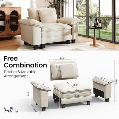 PHI VILLA Oversized Single Sofa Chair with Deep Seat, Cloud Upholstered Reading Armchair, 1 Seater Comfy Sofa Chair for Bedroom Nook, Chenille, Beige