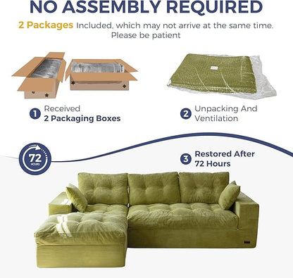 MAXYOYO 104" L Shaped Modular Sectional Sofa with Ottoman, Cloud Boneless Couch with Layered Cushion, Upholstered Sofa in a Box, Flexible Module Combination for Living Room, No Assembly, Green