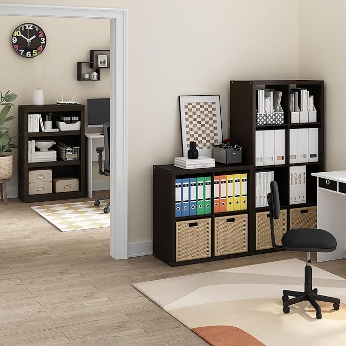 Furinno CUBICLE Book Shelf, 8-Cube Thick Frame Bookshelf, Horizontally & Vertically Reversible Bookcase with Open Back, 14.6 x 30 x 57.9, for Living Room, Bedroom, Home Office, Black Dark Oak