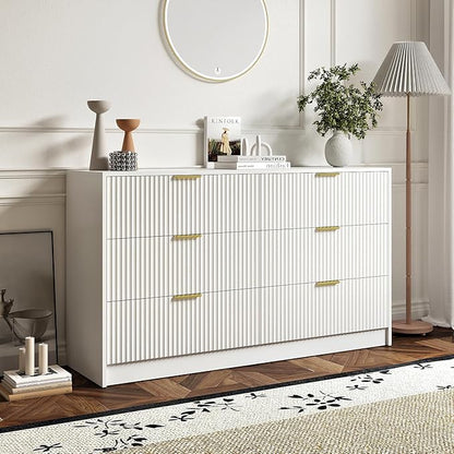 3-Piece Modern Bedroom Furniture Set, Wide 6-Drawer Dresser & 1-Drawer Nightstands Set of 2, Natural Wood Dresser and Nightstand Sets for Bedroom, Hallway, White