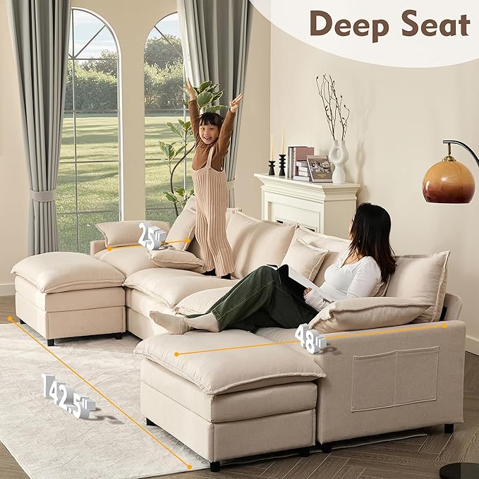 142.5" U Shaped Couch, Modular Sectional Sofa, 3-Seater Comfy Cloud Couch with Movable Ottoman, Deep Seat Couches for Living Room, Linen, Beige