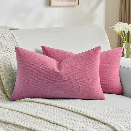 FUTEI Hot Pink Decorative Throw Pillow Covers 12x20 Inch Set of 2,Soft Cozy Wheat Ear Striped Patterns Lumbar Pillow Cases,Modern Home Decor for Couch Bed Living Room