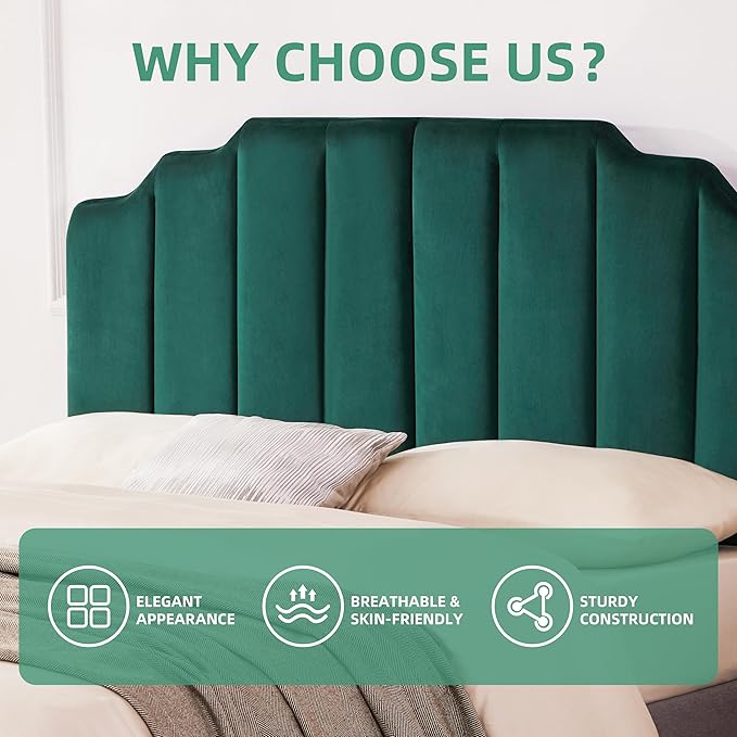 Velvet Upholstered Headboard Queen, Tufted Headboard, Elegantly Curved Queen headboard only,Soft Padded headboards, Modern Vertical Channel Design Head Board, Dark Green