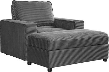 Christopher Knight Home Zoe Oversized Chaise Lounge Chair Indoor with Cup Holders & USB Charging Port, Corduroy Upholstered Sofa Bed + Ottoman with Storage, Comfy Deep Seat Sleeper Sofa Chair, Grey