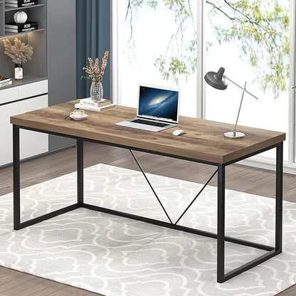 FOLUBAN Industrial Computer Desk, Rustic Wood and Metal Writing Desk, Vintage PC Table for Home Office, Oak 60 inch