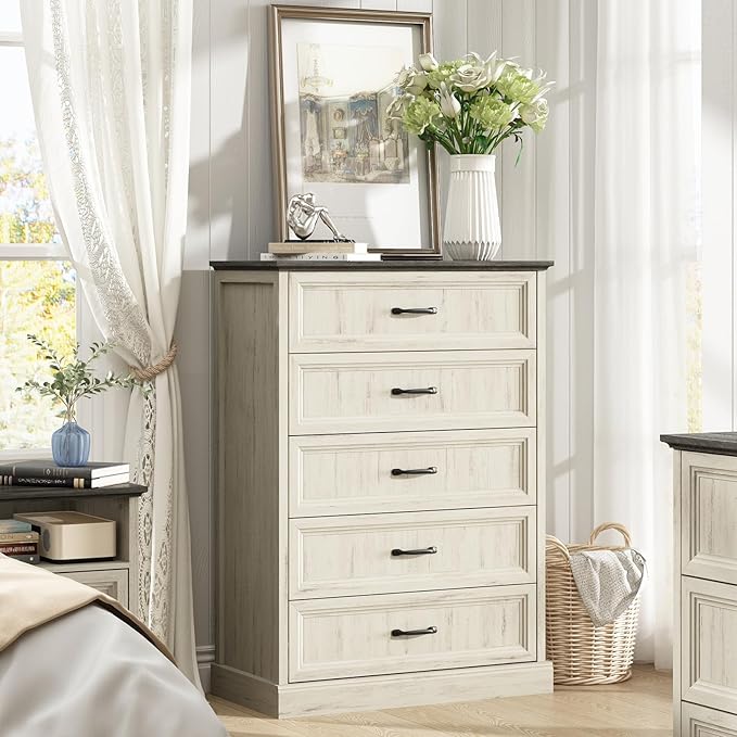 Farmhouse 5 Drawers Dresser for Bedroom, 44" Tall White Dresser Wood Rustic Chest of Drawers with Wide Metal Handle,Natural Texture,Drawer Organizer for Bedroom,Living Room,Hallway and Entryway