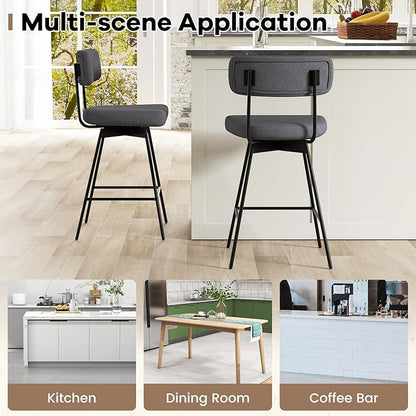 COSTWAY Bar Stools Set of 4, 25” Upholstered Counter Height Bar Stools with Back, 360° Swivel Dining Chairs with Heavy-Duty Metal Legs and Footrests, for Kitchen Island, Dining Room, Bar (4, Grey)