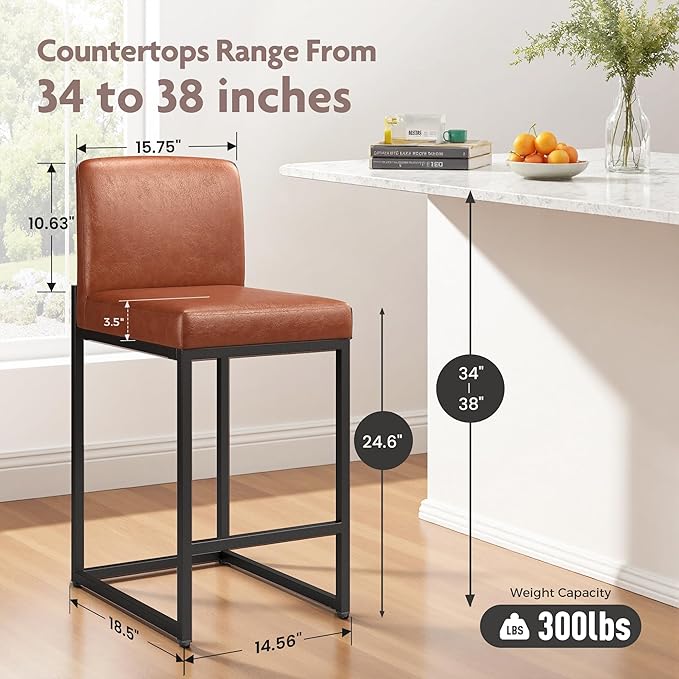 ALPHA HOME 24 Inch Bar Stools, Kitchen Counter Stools with Backs, PU Leather Barstools, Kitchen Stools with Back&Upholstered Footrest, Sturdy Chromed Metal Steel Frame, Brown