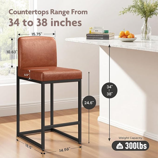 ALPHA HOME 24 Inch Bar Stools Set of 4, Kitchen Counter Stools with Backs, PU Leather Barstools, Kitchen Stools with Back&Upholstered Footrest, Sturdy Chromed Metal Steel Frame, Brown