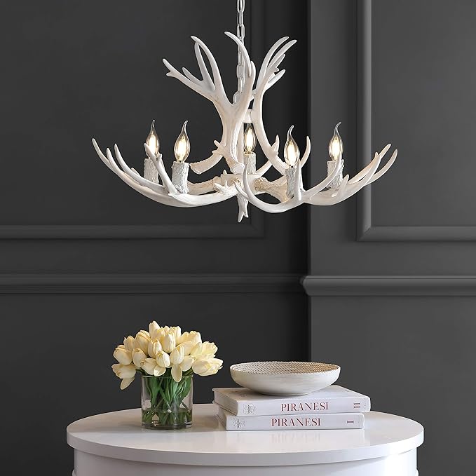 JONATHAN Y JYL6300B Eldora 30" Adjustable Resin Antler 5-Light LED Chandelier, Glam, Rustic,Cottage,Transitional, Dimmable Dining Room, Living Room, Kitchen, Foyer, Bedroom, White