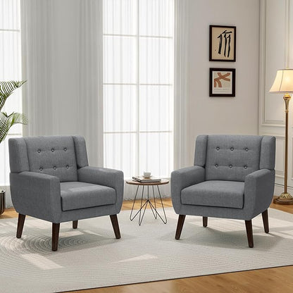 Accent Chair, Mid-Century Modern Fabric Chairs with Arms for Living Room, Comfy Upholstered Club Single Sofa Armchair for Bedroom Waiting Room with Solid Wood Frame (Fabric Grey, Set of 1)