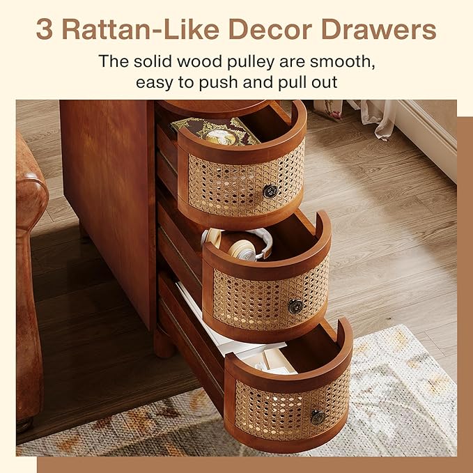 Tribesigns Solid Wood End Table, 3-Drawer Rattan Side Table, Night Stand with 3 Rattan Drawers and Exquisite Embossed Handles for Living Room, No Assembly Required (Walnut & Oak, 1PC)