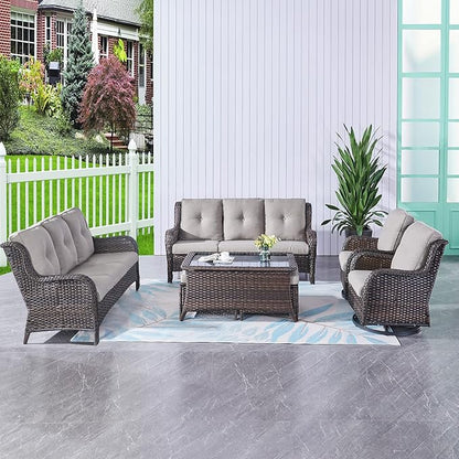 HUMMUH 7pcs Patio Furniture Set Swivel Rocker Patio Chairs,PE Wicker Outdoor Sofa Set of 2 with Coffee Table and Ottomans(Brown,Grey)