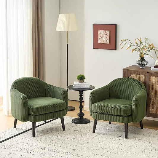 VINGLI 30.3" Wide Modern Barrel Accent Armchairs Set of 2 with Track Armrest, Solid Wooden Legs, Comfy Upholstered Club Chairs, Single Home Sofa for Living Room, Bedroom, Reading Room, Corduroy Green
