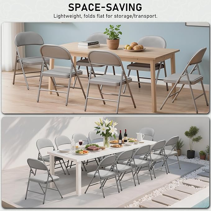 SEALAMB 10 Pack Grey Folding Chairs with Padded Seats & Cushion, Durable Metal Foldable Chairs for Wedding Party, Commercial Chairs for Office School Church Events, 330lb Capacity (Grey-PU, 10 Pack)