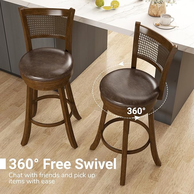 COSTWAY 30” Swivel Bar Height Barstool Set of 2, Rubber Wood Bar Stools with Rattan Backrest, Footrest, Upholstered Leathaire Armless Chairs for Kitchen Island, Pub, Brown (4, 30” Seat Height)