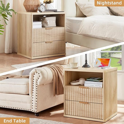 LEYAOYAO Fluted Nightstand Set of 2 with Charging Station,23" Modern Nightstand with Woodgrain Top, 2 Drawer End Table w/Storage, BedsideTables for Bedroom, Living Room, Curved Profile,Wood