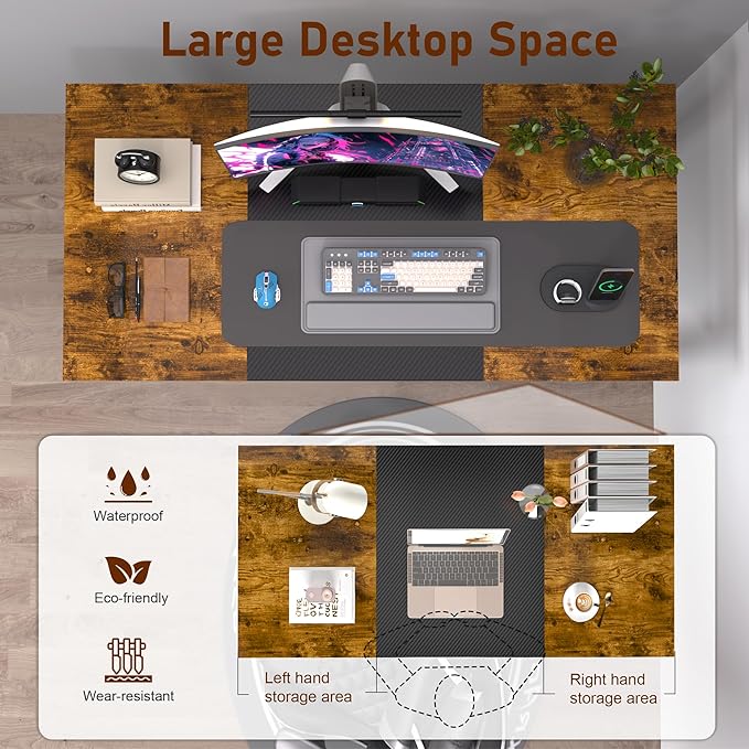 StarGraph Modern Computer Desk 55 Inch Large Office Desk with Carbon Fiber Desktop Home Office Desks with Sturdy Metal Frame Gaming Study Writing Work from Home Desks, Rustic Brown