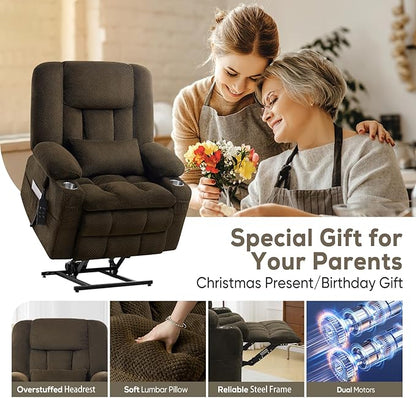ABCASA Oversized Dual Motor Lay Flat Power Lift Massage Recliner Chair Set of 2, Lift Chairs Recliner with Lumbar Pillow, Cup Holder for Elderly with Heat for Living Room - Brown
