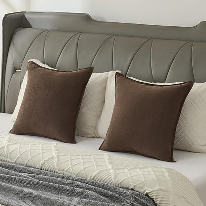 FUTEI Dark Coffee Chenille Throw Pillow Covers 22x22 Inch Set of 2,Edges Double-Stitched Cushion Cases,Modern Home Decor for Couch Living Room